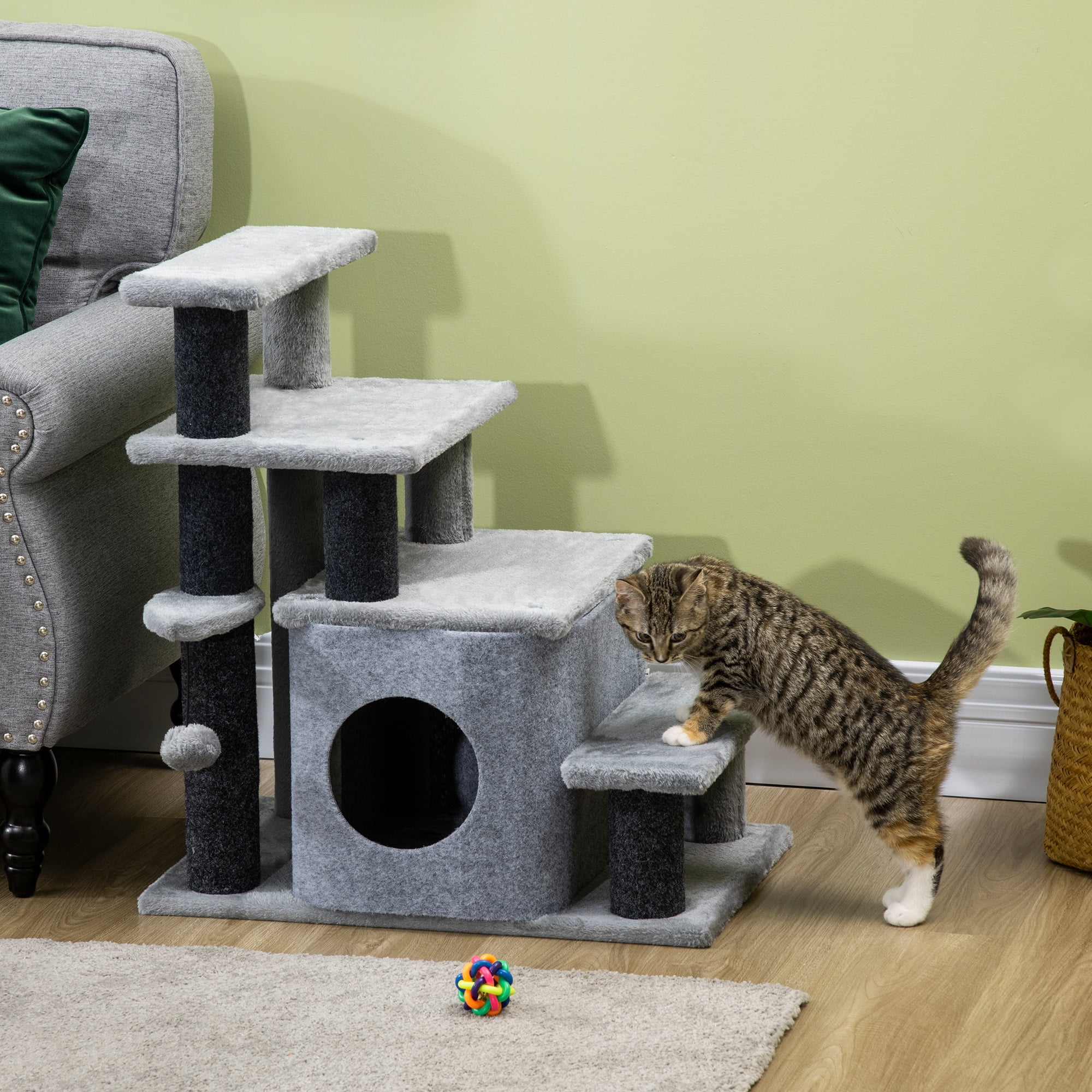 PawHut Pet Stairs, Adjustable Height 3 Step/4 Step Cat Steps, Gray