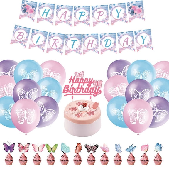 CSCHome Butterfly Theme Birthday Decorations, Balloon Pull Up Banner Kit, Happy Birthday Banner, Birthday Party Supplies
