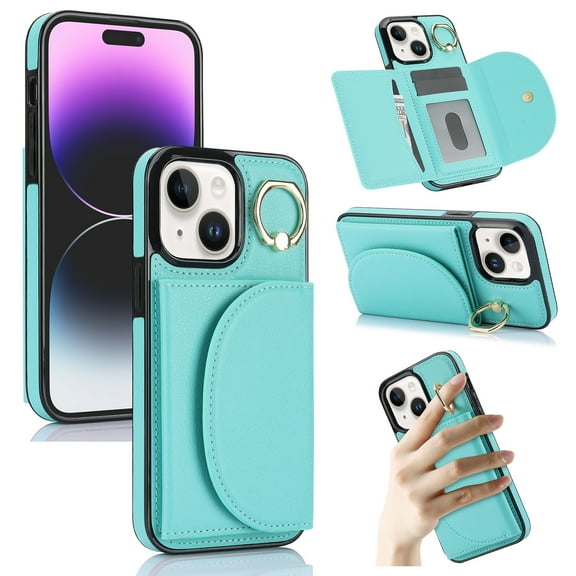 Wallet Case Compatible with iPhone 15 Case with Card Holder - Credit Card Slot,RFID Blocking,360°Rotating Ring Kickstand and PU Leather Wallet Cover for Women iPhone 15, Green