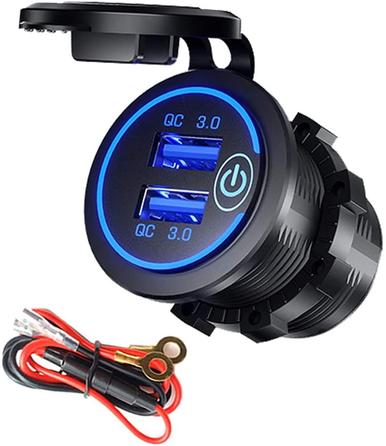 Waterproof Power Outlet with Fast Charging QC3.0 & 5V 2.4A USB Ports Wire Fuse DIY Kit for Car Boat Marine Rv Motorcycle Electop Quick Charge 3.0 Dual USB Charger Socket Blue 