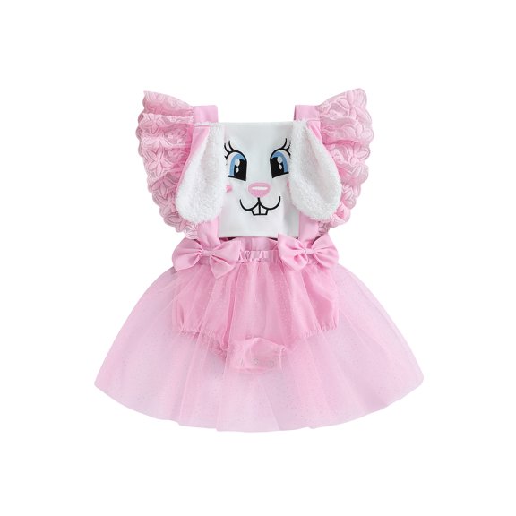 Baby Girl Romper Dress Fly Sleeve Rabbit Ear Tulle Patchwork Bodysuit Summer Clothes Easter Outfit
