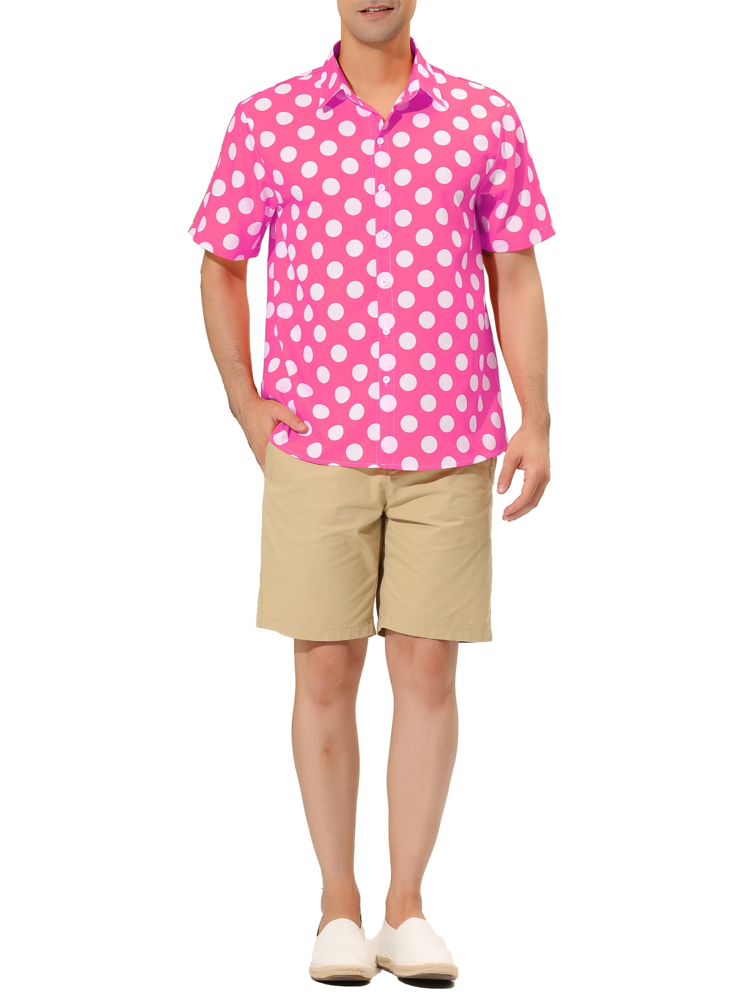 Unique Bargains Men's Summer Polka Dots Shirt Button Down Short Sleeves Shirts S Pink