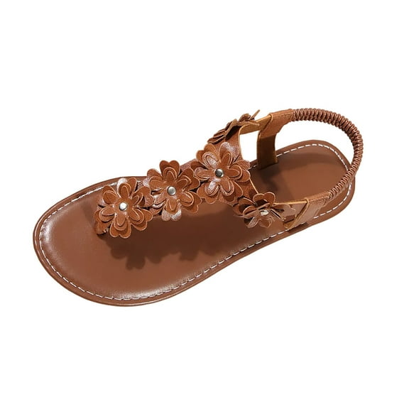 Xfvqtps Flat Sandals for Women Elastic Clip Toe Flower Decor Non Slip Beach Slip on Sandals Brown