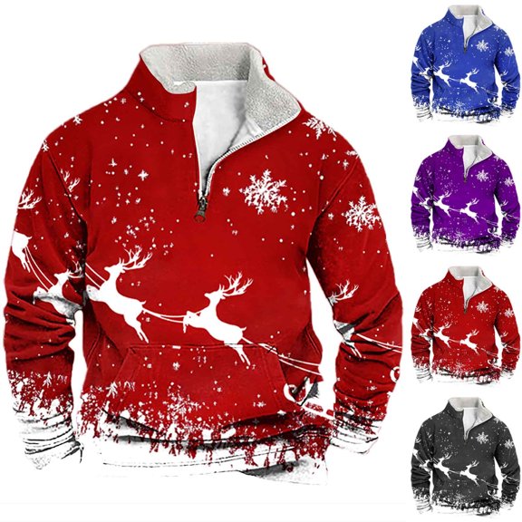KeShDi Christmas Mens Crewneck Sweatshirts Men Casual Fashion Stand Collar Print Zipper Pullover Long Sleeve Sweatshirt PurpleL
