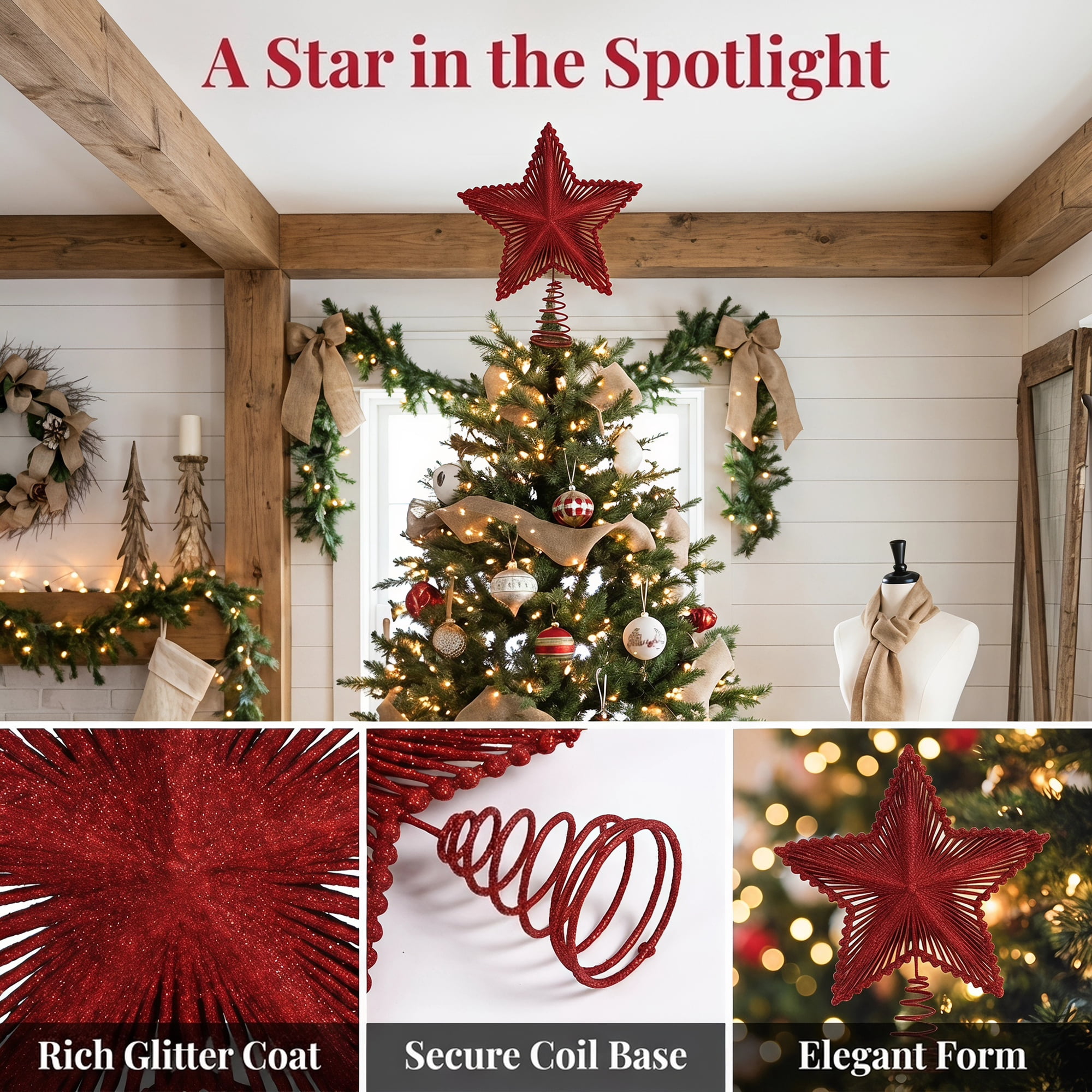 Unique Bargains Radiant Glitter Starburst Luxury Flexible Spring Tree Accent Red 9.1"