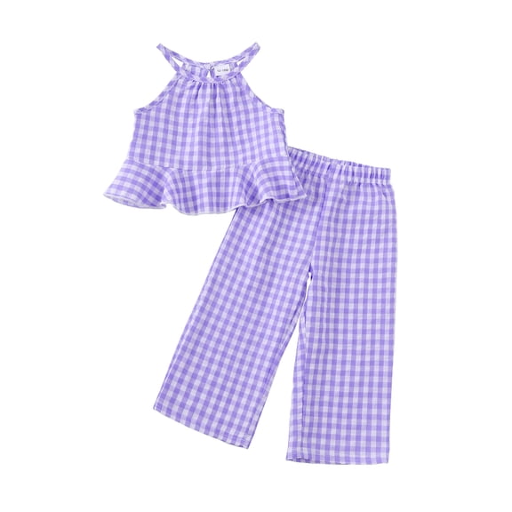 2T Baby Girls Clothes 3T Girls 2PCS Plaid Outfits Set Solid Color Toddler Girls Sleeveless Halter Top Pants Set Purple