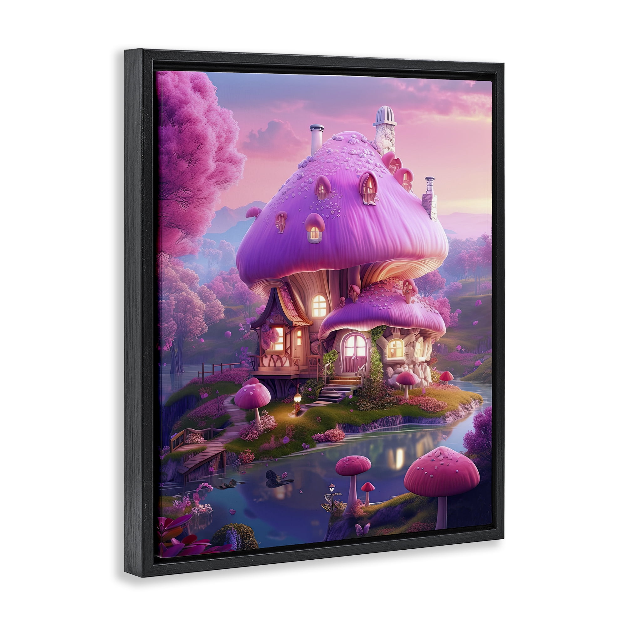 Stupell Industries Forest Mushroom Cottage Town & City Painting Black Floater Framed Art Print Wall Art, 25 x 31