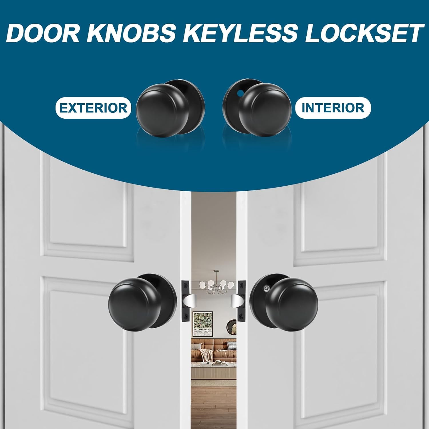 Passage Door Knobs, 5 Pack Matte Black Door Knobs, for Hallway & Closet Non-Locking Interior Round Door Handles Keyless Reversible for Left Right Handed Doors