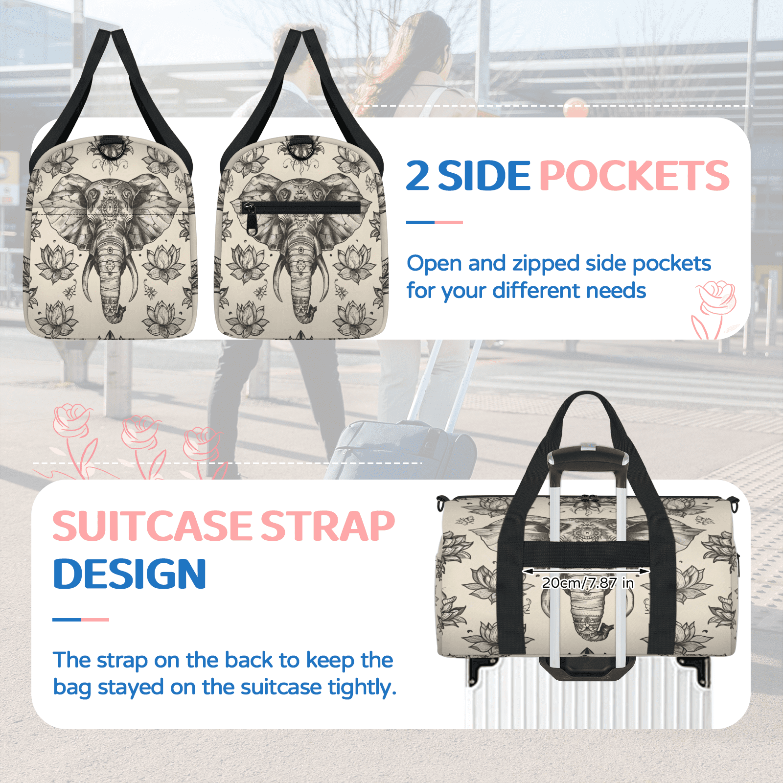 Herdesigns Boho Elephant Travel Duffle Bag Sports Yoga Weekender Overnight Carry on Workout Bags Lightweight Waterproof Gym Tote Bag for Women