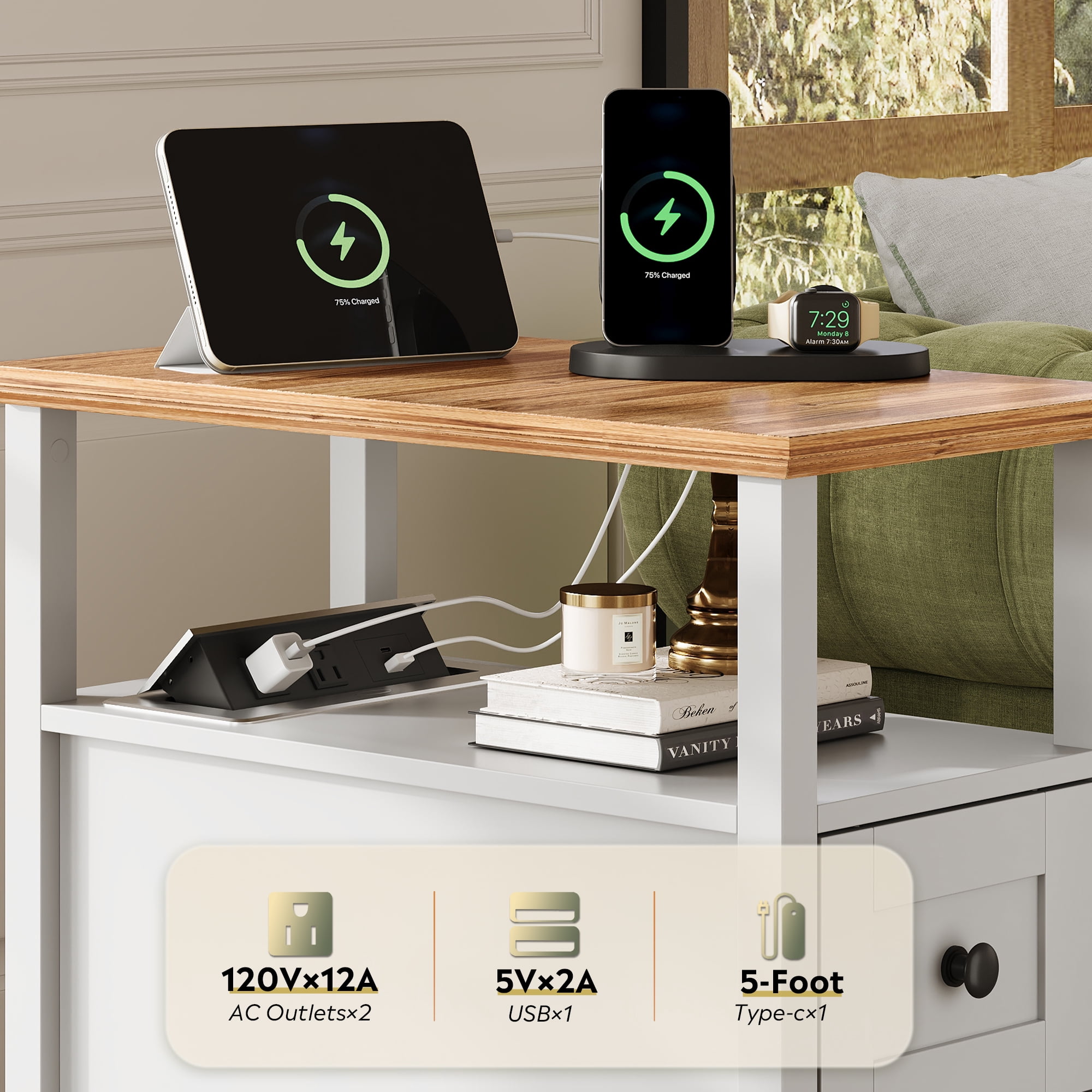 GALAXHERO Narrow Side Table with Charging Station Wooden End Table with 2 Drawers for Living Room, Bedroom, Small Space White