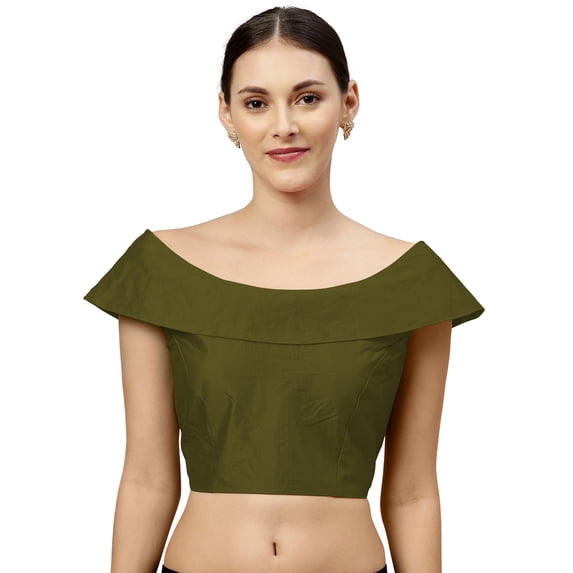 eloria Women's Art Silk Boat Neck Sari Top Blouse Partywear Sleevless Fillers With backside Zipper, Color : Olive Green