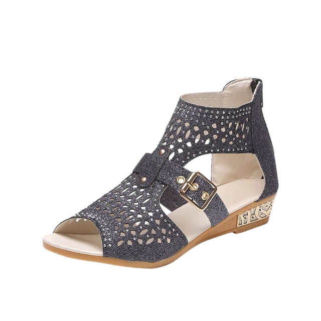 Kcodviy Sandale Compensée pour Femme à Fermeture Éclair, Ajourée, Cristal, Chaussures d'Extérieur, Sandales pour Femme Taille 9, Sandales pour Dames, Vintage, Sandales de Randonnée pour Femme