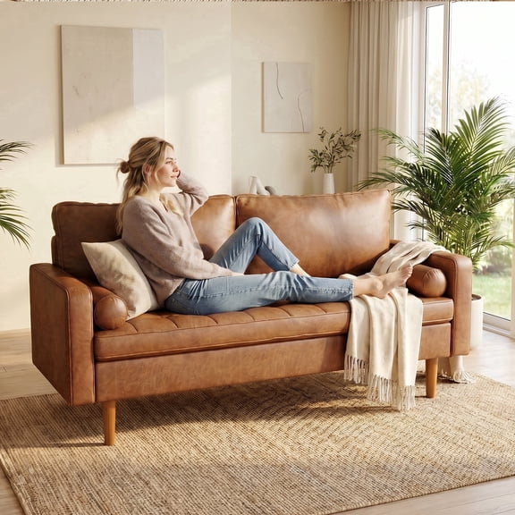 Koby Home Faux Leather Sofa, Mid-Century 70" 3 Seater Couches Camel Brown
