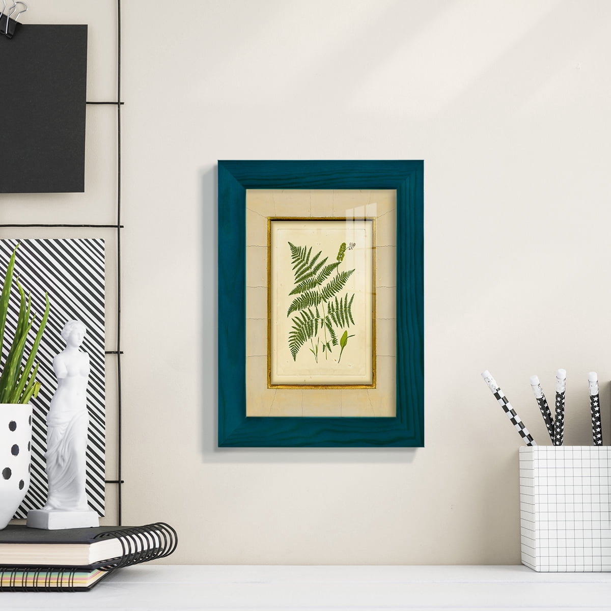 Fern with Crackle Mat (H) IV - Framed Print w/glass - Ocean Blue
