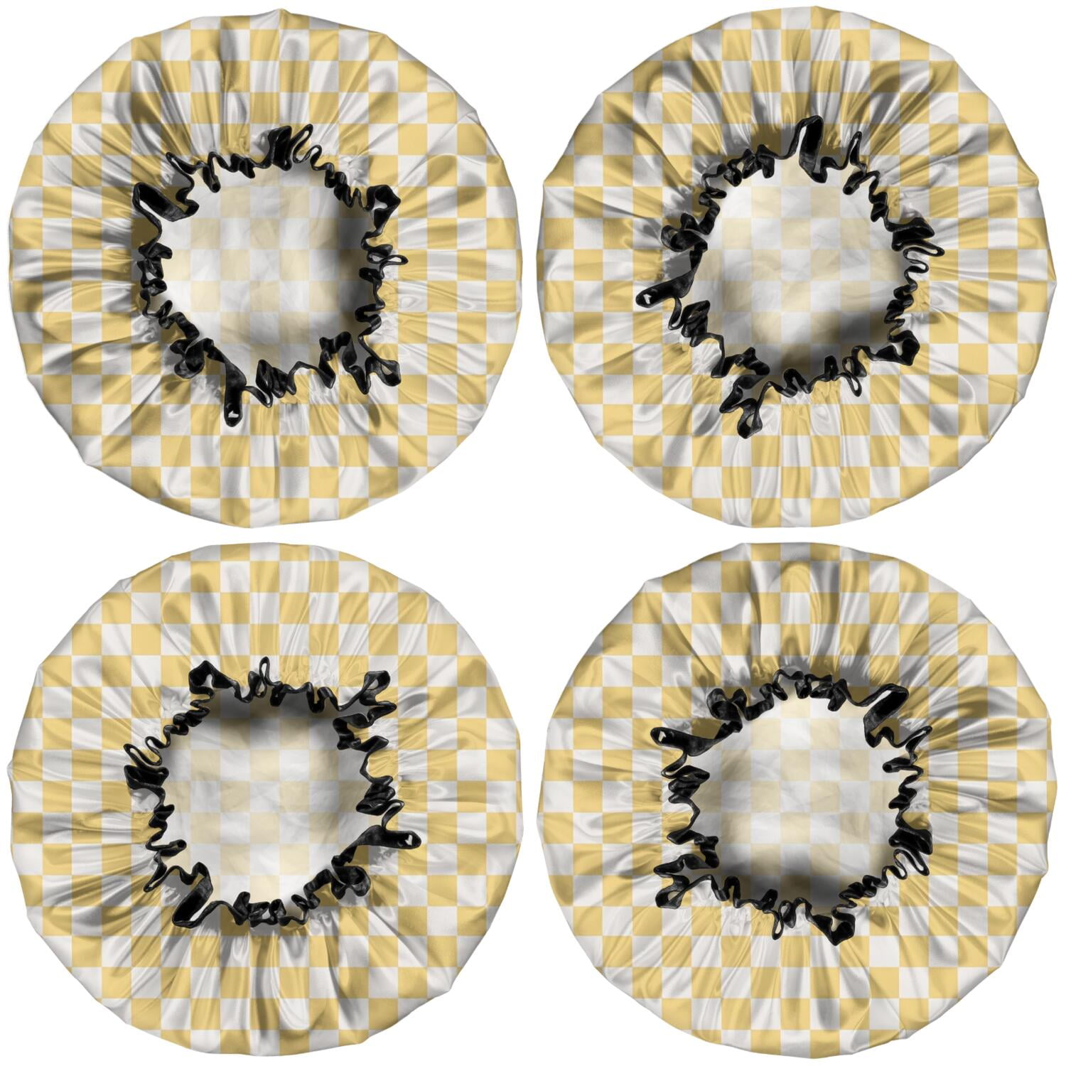 Shower Caps,Yellow and White Checkerboard Pattern Waterproof Shower Cap for Women 4 Pieces,Double Reusable Hair Cover for Shower PEVA Elastic Stretch Hem