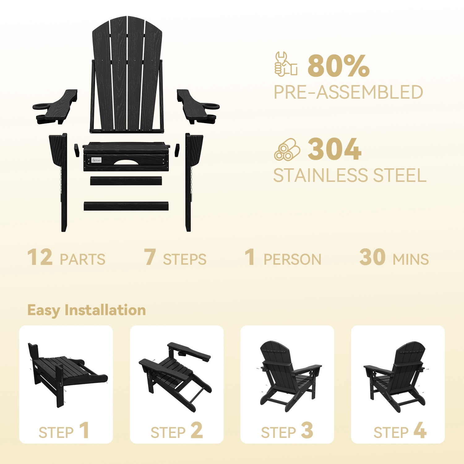 Erinnyees 3-Level Adjustable Adirondack Chair with Retractable Ottoman, HDPE All-Weather Folding Fire Pit Chair with 2 Cup Holders, Outdoor Chair for Garden