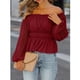 thumbnail image 2 of Blusa de mujer con hombros descubiertos, manga larga con volantes y burbujas, camiseta informal de poliéster a la moda para vacaciones al aire libre, 2 of 5