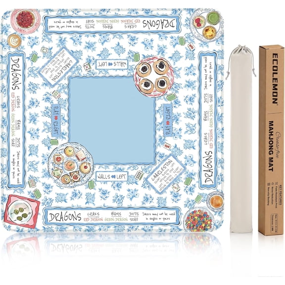 Crease-Free Mahjong Mat for Table 31.5x31.5 Inch with Rules – Non-Slip Rubber Backing Noise-Reducing American Mah Jongg Mat with Carry Bag (Chinoiserie Afternoon Tea Party)