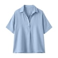 thumbnail image 5 of Women's V Neck Mid Sleeve Button Down Shirt, Soft Breathable T-Shirt Top, Casual Loose Fit Streetwear Blouse for Spring Summer, Festival and Casual Work Shirt-Light Blue, 5 of 5