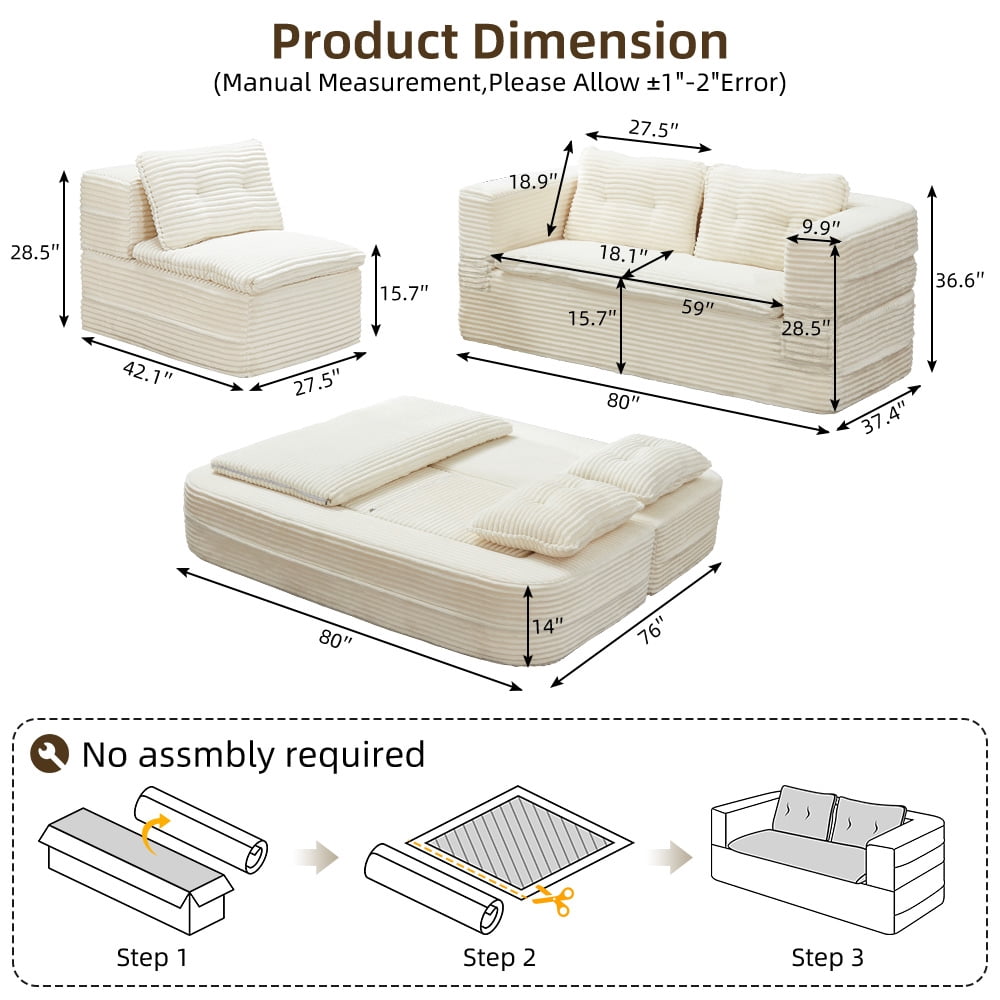 Anpport 80" King Size Convertible Sectional Sofa Bed, Plush Corduroy Deep Seat Couch with Chaise Lounge and Blanket, for Living Room Apartment, Beige