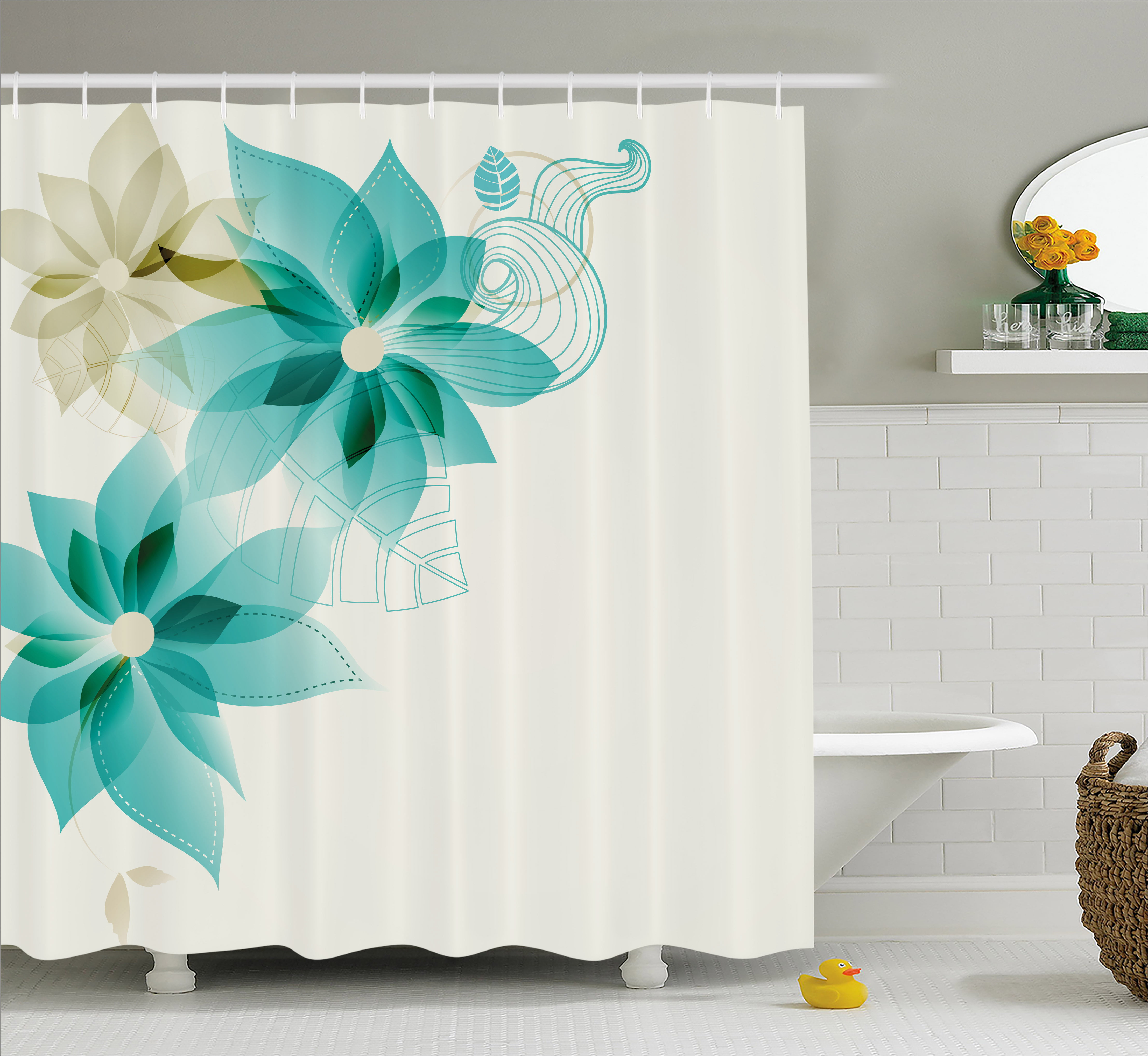 Teal Shower Curtain, Vintage Inspired Floral Design with Abstract ...
