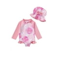 thumbnail image 3 of Ticikt Girls Long Sleeve One Piece Swimsuit, UPF Sun Protection Printed Rash Guard with Bow Hat for Toddler Baby Girls,Hot Pink, 3 of 4