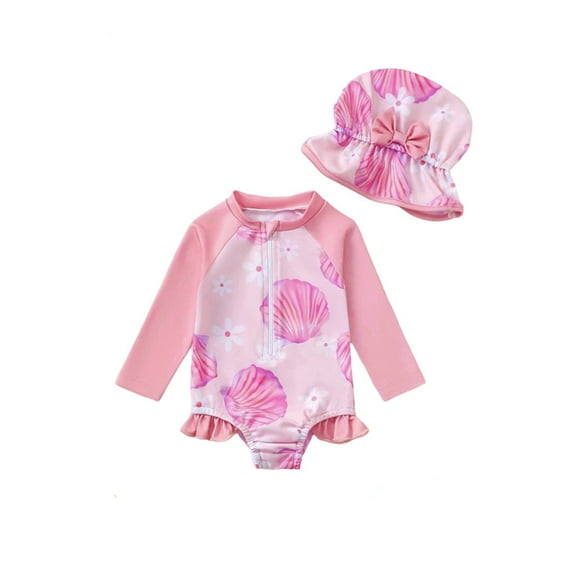 Hienoo Newborn Girls Long Sleeve Rash Guard One-Piece Swimsuit with Hat Bathing Suit, Sizes 9-12M