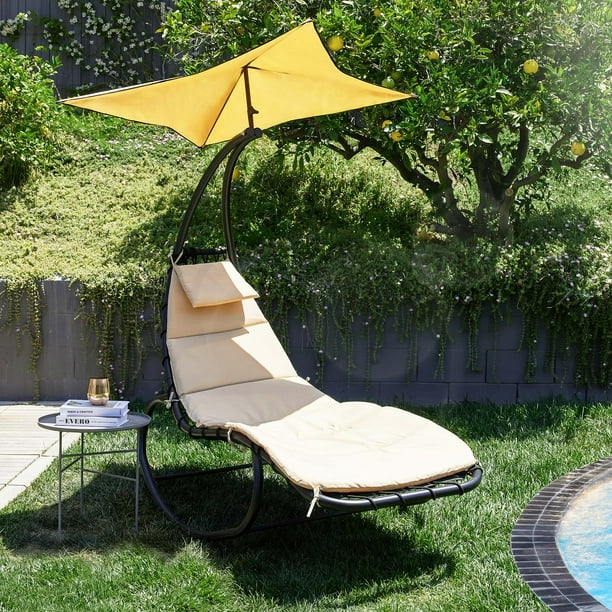 BELLEZE Outdoor Hanging Chaise Lounge Chair Swing Curved Cushion Seat  Hammock With Canopy Sun Shade, Beige