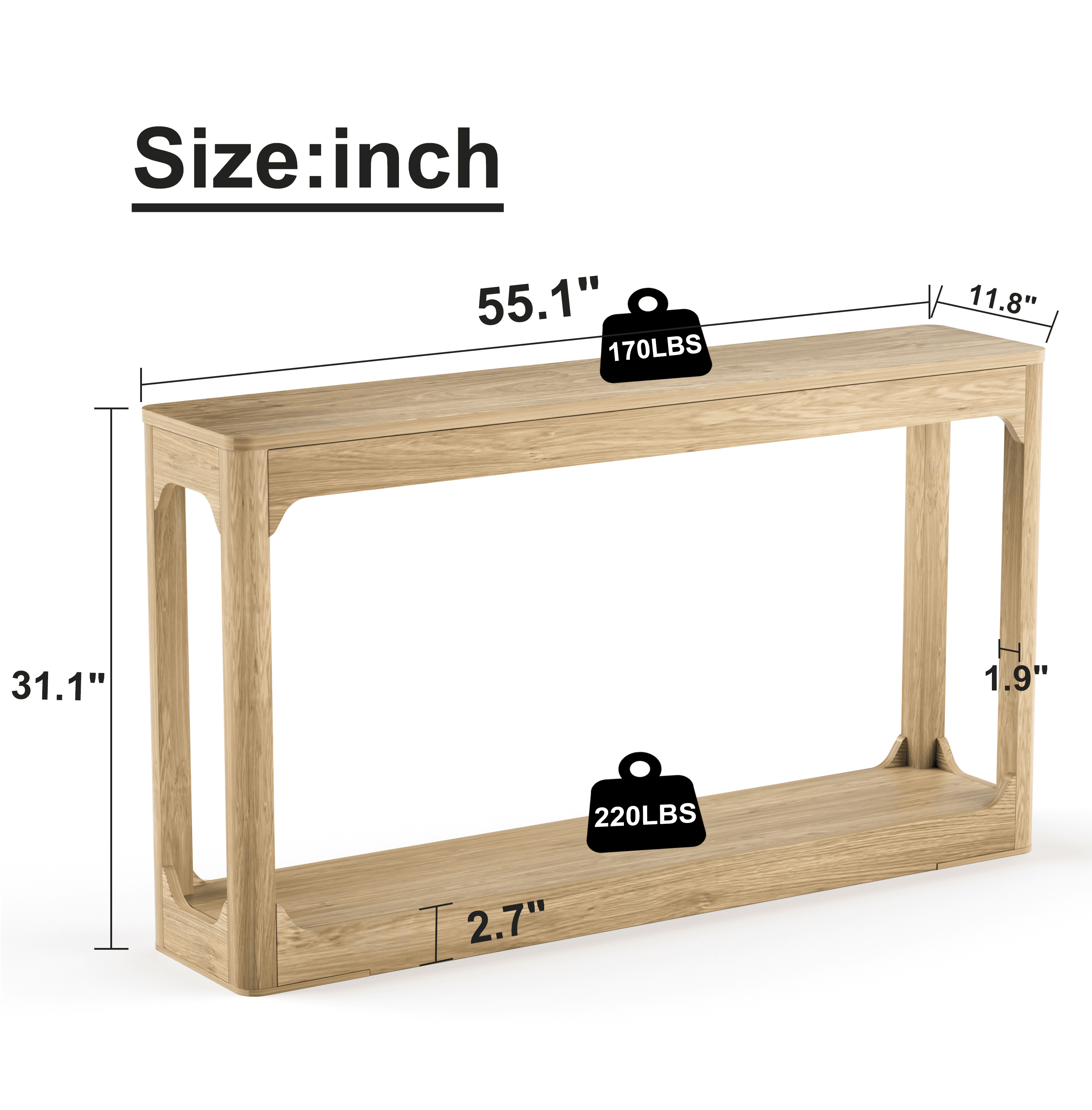55.1" Curved-Leg Wooden Console Table, Slim Minimalist Storage Side Table, Natural Wood Sofa Table for Entryway, Hallway, Living Room