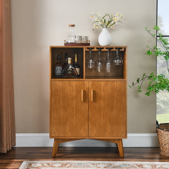 Tcbosik Modern Liquor Cabinet with Wine Rack and Glass Holder, Buffet Sideboard with Adjustable Shelf, Modern Coffee Bar Cabinet for Kitchen, Dining Room, Living Room, Wood Color