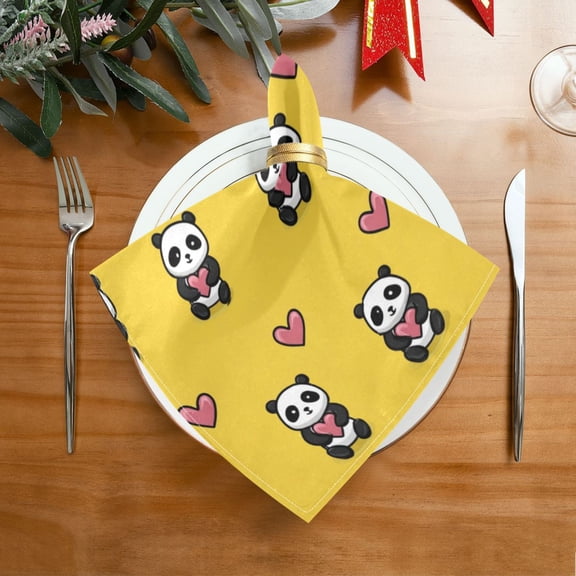 20"x20" Satin Dinner Napkin Panda Cartoon with Heart Pattern Table Napkins for Wedding Birthday Restaurant Party Tableware Decoration 1 Pack
