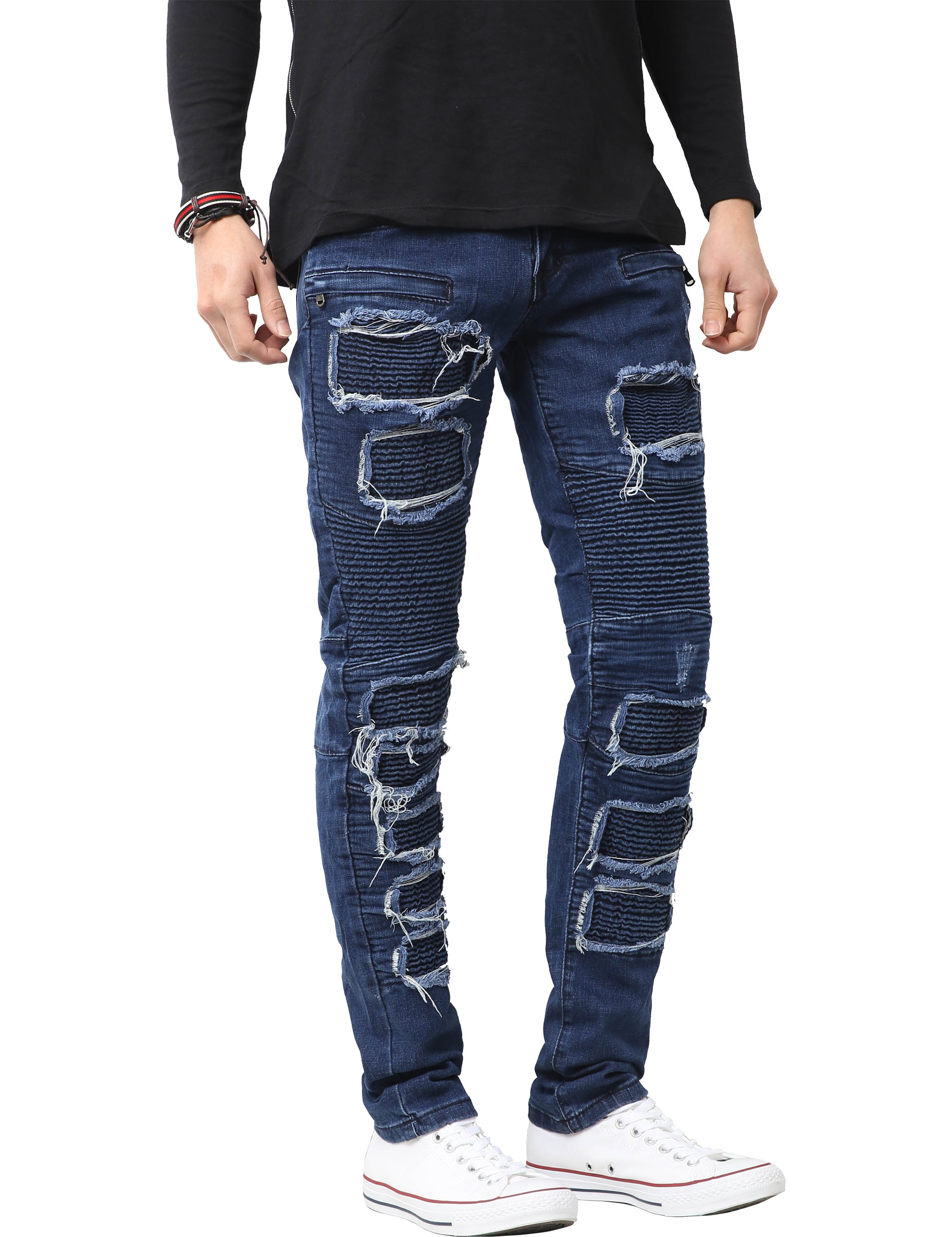 Ma Croix Mens Biker Jeans Distressed Ripped Zipper Straight Slim Fit Stretch Denim Pants - image 1 of 5