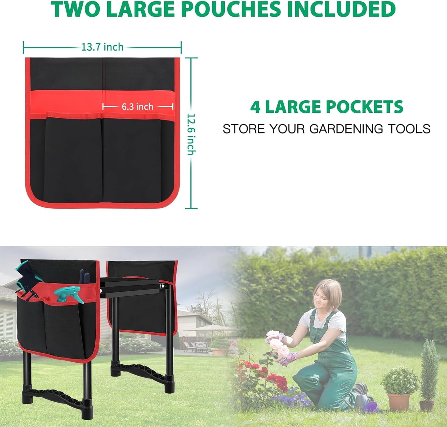 Garden Kneeler and Seat 10.64” Wider Larger Soft Kneeling Pad Garden Bench with 2 Large Tool Pouches Heavy Duty Garden Stool Foldable Tools Gardening Gifts for Women Men Gardeners