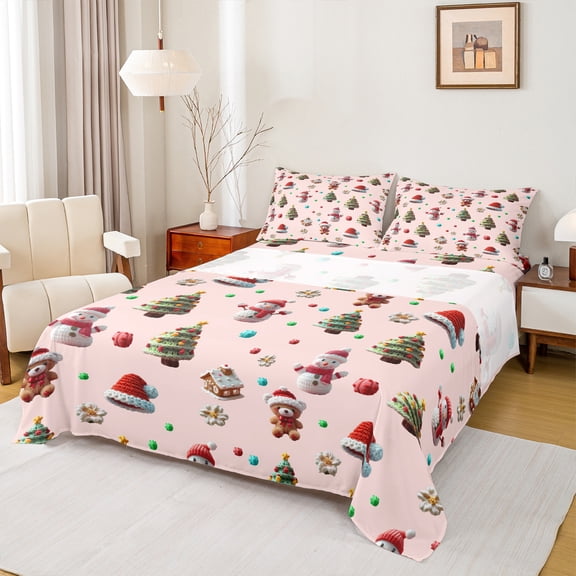 Homewish Cartoon Christmas Tree Twin Sheet Sets,Kawaii Xmas Snowman Twin Fitted Sheet,Happy New Year 03 For Girl Kids,Microfiber Bedroom Decor,3 Pieces