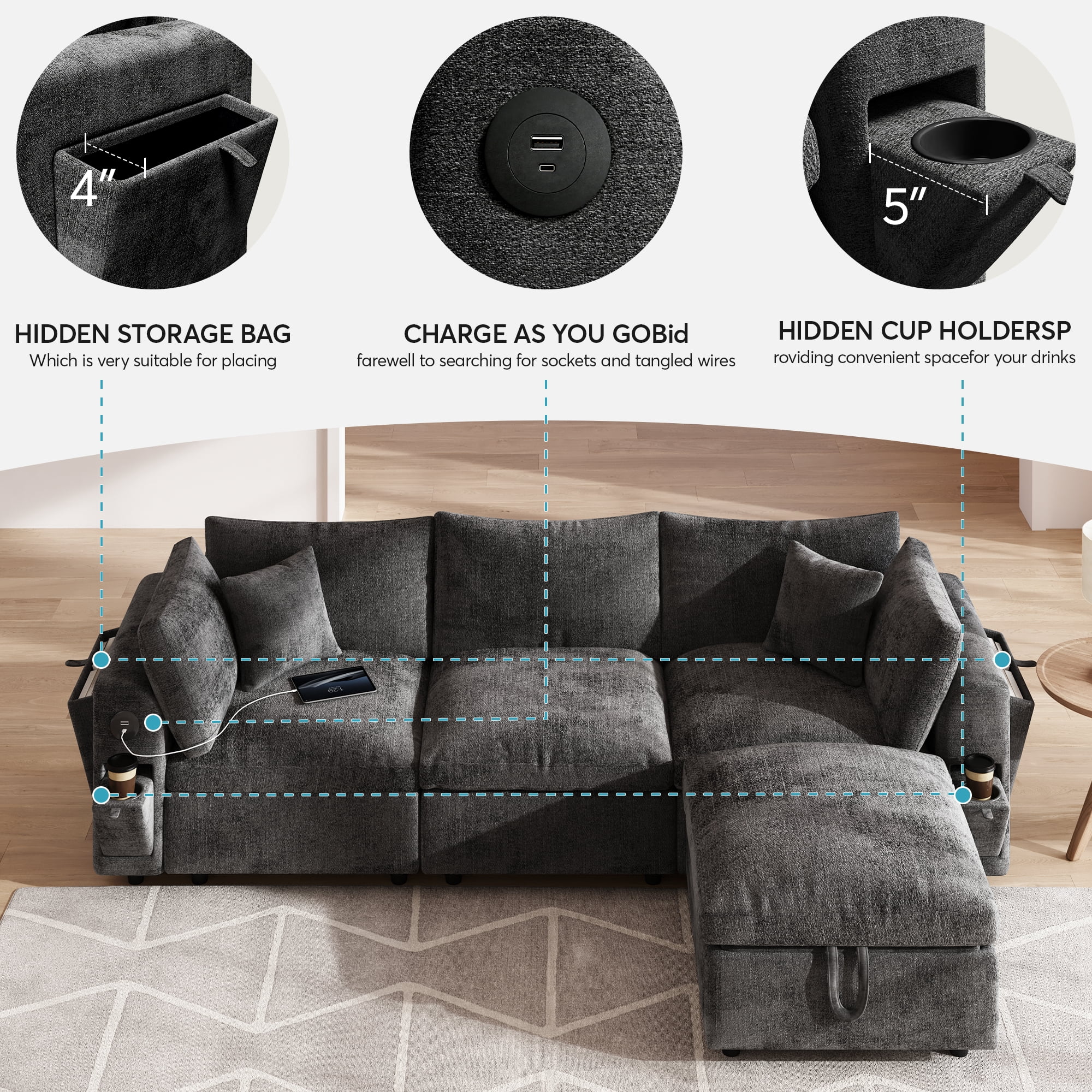 BINBANK Luxurious Cloud Modular Sectional Sofa, Modern Chenille Couch L-Shaped with Storage Ottoman, USB Type-C Ports & Cup Holders for Living Room