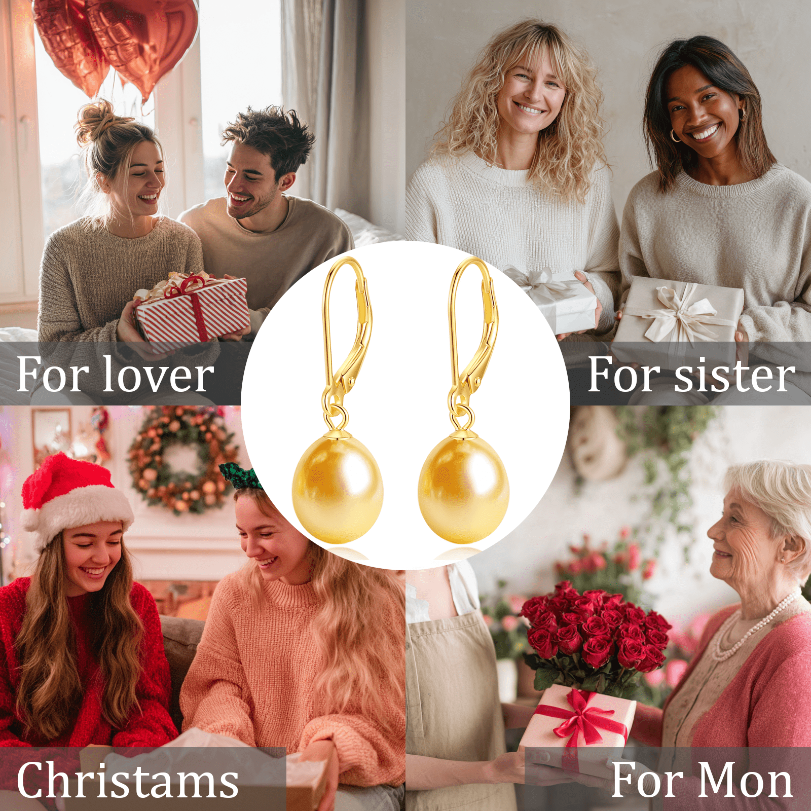 BAMIKI 8.5-9mm Gold Cultured Pearl Drop Earrings for Women, 925 Sterling Silver Leverback Dangle Earrings, Hypoallergenic Jewelry Gift