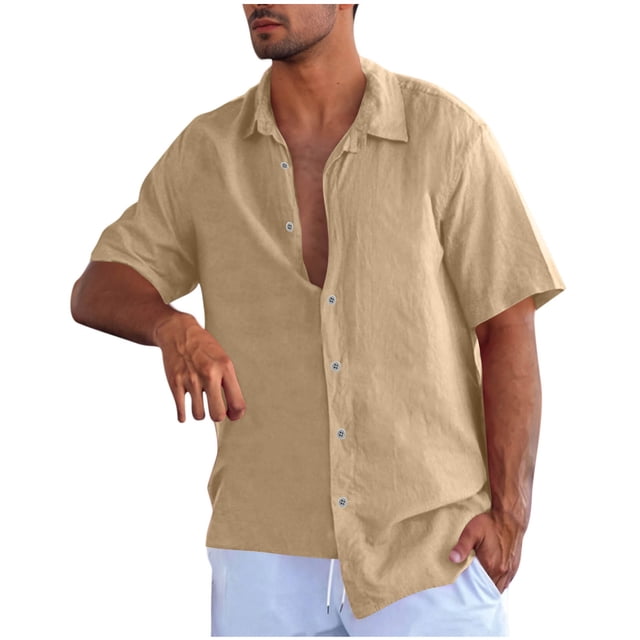 Mgmyaa Men's Button-Up Shirts Casual Turndown Collar Solid Short Sleeve Beach Shirts