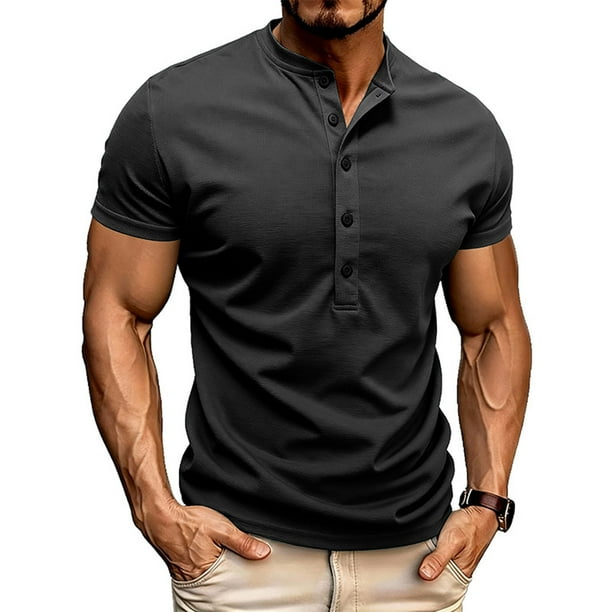 Tops para hombre, blusas y camisas de manga corta con cuello redondo para hombre, jersey informal de medio botón con cuello redondo y manga corta de color liso a la moda para hombre, top de poliéster