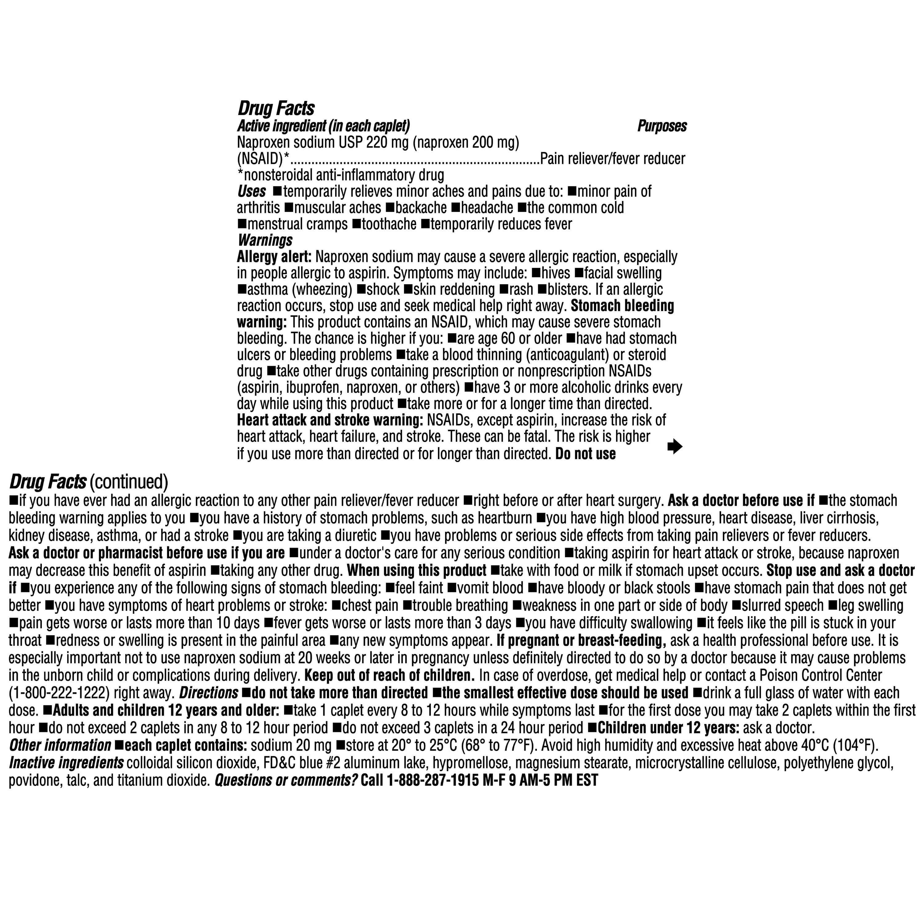 Equate All Day Pain Relief Naproxen Sodium Caplets, 220 mg, 50 Count, Compare to Aleve® Caplets Active Ingredient