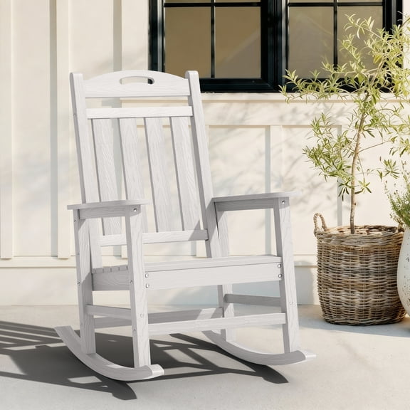 Oversized HDPE Outdoor Rocking Chair, High Back Porch Rocker 380lb, White