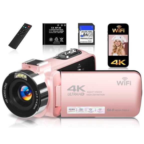 Cámara de Video Gtonster 4K 56MP WiFi Visión Nocturna Rosa