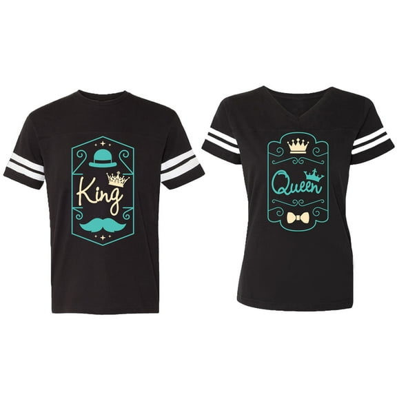 King Queen Pentagon Emerald Gold Matching Couple Cotton Jerseys (Men Black / Women Black) (Men S / Women S)
