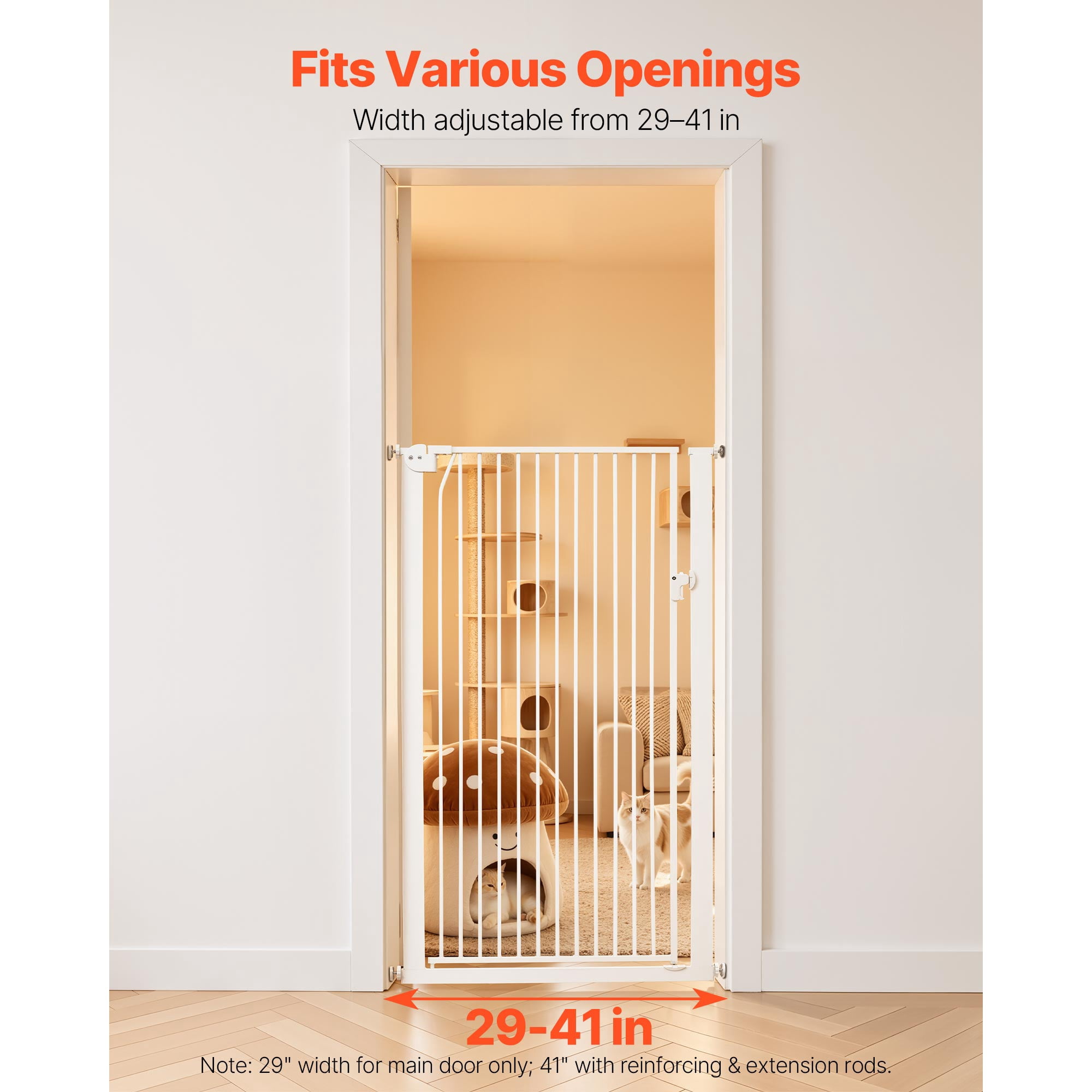 KFFKFF Extra Tall Pet Gate for Cats and Dogs, Adjustable Width 29-41 in, 56 in Height, Includes Pressure and Wall Mount Kits, 1.3 in Narrow Bar Spacing, Suitable for Stairs, Doorways, White