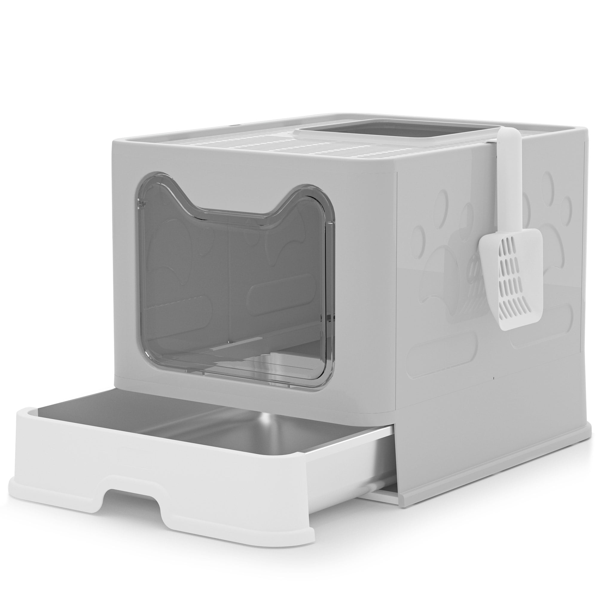 Enclosed Cat Litter Box with Lid & Stainless Steel Drawer Design for Indoor All Lifestyles Cats with Litter Scoop