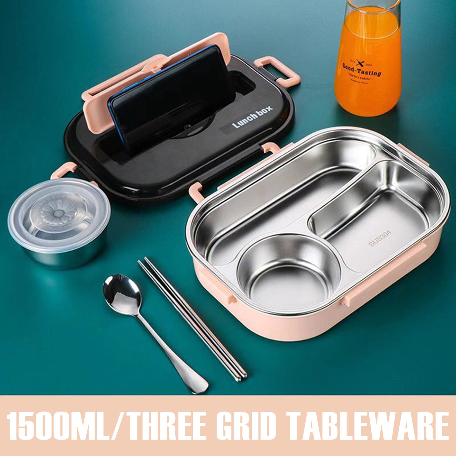 Thermal Insulation Bento Lunch Box 4 Grids with Soup Bowl, Portable Leak-Proof Food Container, Stainless Steel Inner for Office School Picnic, Keep Warm 2-4 Hours, Pink Blue Green