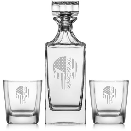 

Whiskey Decanter Gift Set With 2 Whiskey Old Fashioned Rocks Glasses We The People Skull American Flag