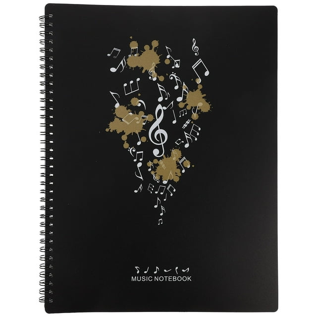 MasteelfCA Music Folder Storage Folder designed for marching band music files and A4 sheet music. The black folder features a spiral binding and a decorative design with gold and white musical notes on the cover. Made from durable PP material, it measures 31.50 x 24.50 x 0.40 cm (12.38 x 9.63 x 0.16 in) and includes 30 pages. Lightweight and waterproof, it is suitable for organizing and protecting music sheets, documents, and files for work, school, travel, or performances.