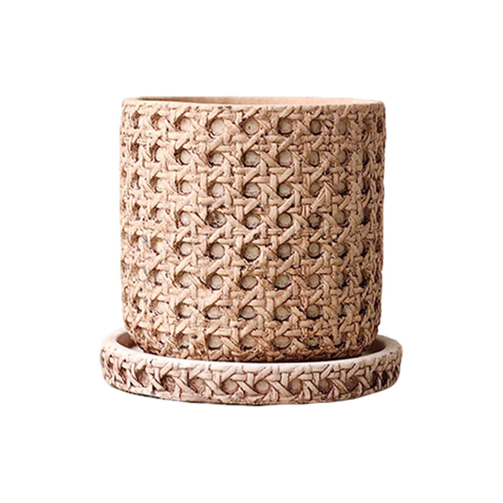 Cement Stone Planter Pot Saucer, Rattan Woven Pattern Flower Container, Indoor Outdoor Home Garden Decor, Durable Heavy Duty Plant Pot Vase, Functional Drainage Gardening Holder