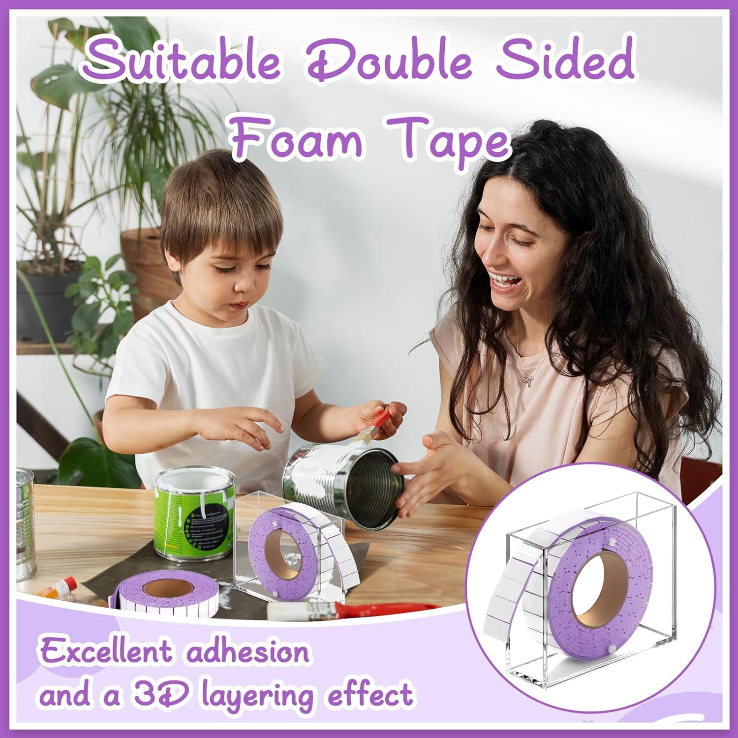 168 Pcs Foam Tape Craft Double Sided Precut 3/4 X 1/2 Inch 3D Adhesive Foam Squares Self Adhesive Dots Purple for Halloween Christmas DIY Crafts Art Sewing Supplies (1 Tape, White)