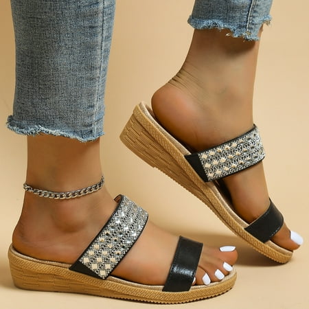

uikmnh Women Shoes Ladies Fashion Summer Vintage Boho Fish Mouth Rhinestone Wedge Sandals Black 7.5